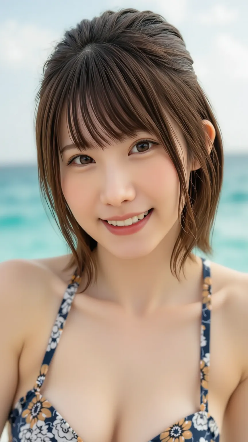 Close-up portrait of Japanese model in bikini cleavage at sea（Between the breasts）Emphasize、Closeup portrait of a smiling Japanese model with handsome short hair