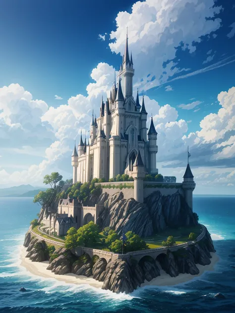 （（（masterpiece、Highest image quality、highest quality、highly detailed unity 8ｋwallpaper）））、（A castle on a lonely island）、tower