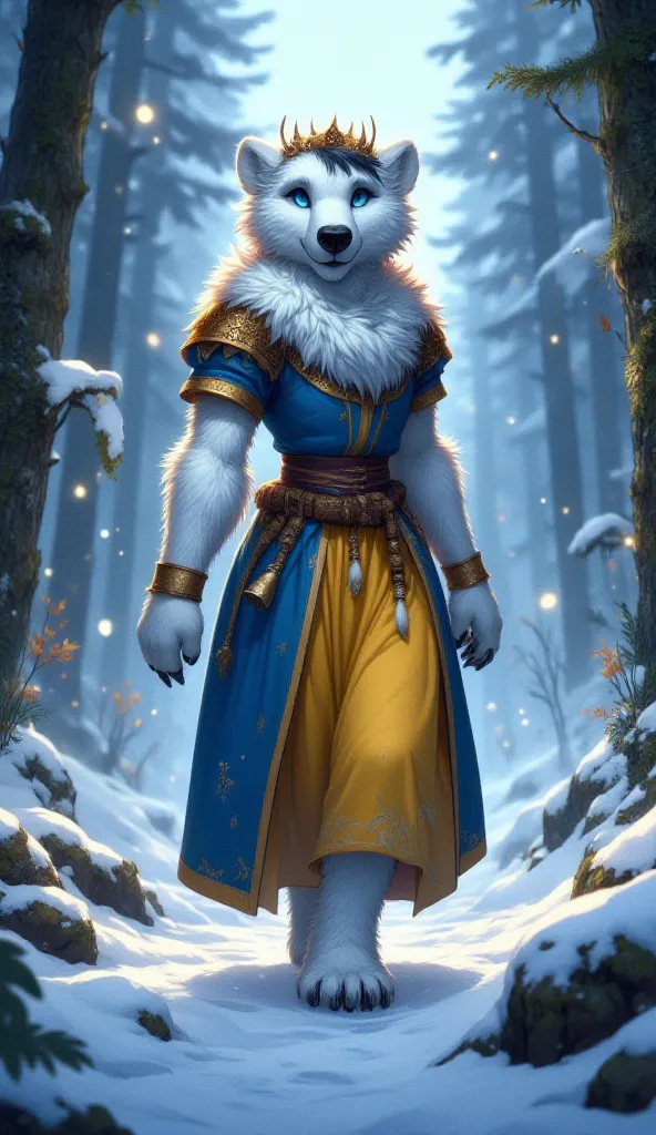 ((Hyperrealistic)) ((Photorealistic)) ((Masterpiece)) ((Perfect)) (Snow White x Polar bear hybrid character) walking thru a forest in winter. Snow White has a fur put over her normal blue and yellow dress to keep her warm. The new character must be more 'f...