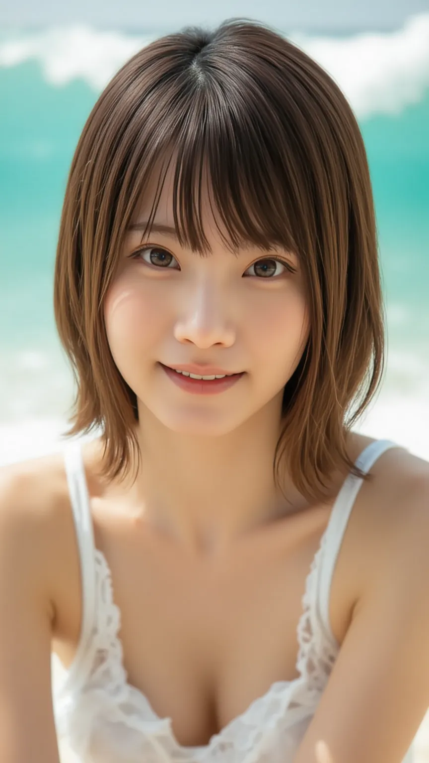 Close-up portrait of Japanese model in bikini cleavage at sea（Between the breasts）Emphasize、Closeup portrait of a smiling Japanese model with handsome short hair