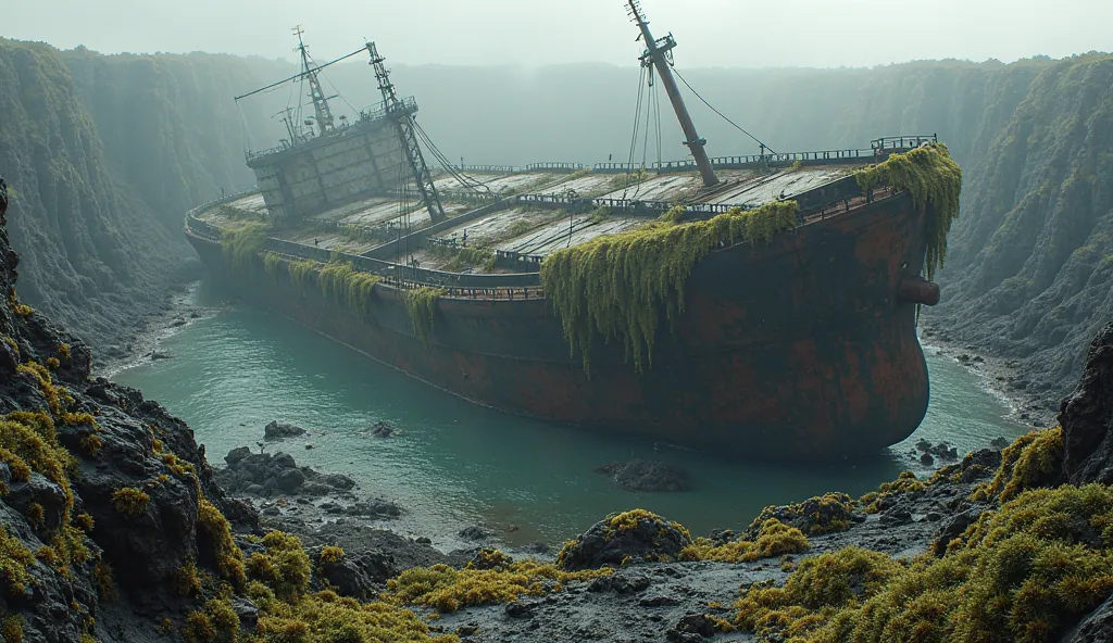 overturned cargo ship, volcanic crater, lava rock, overgrown with moss, surreal volcanic landscape, rusted hull, misty air, abandoned