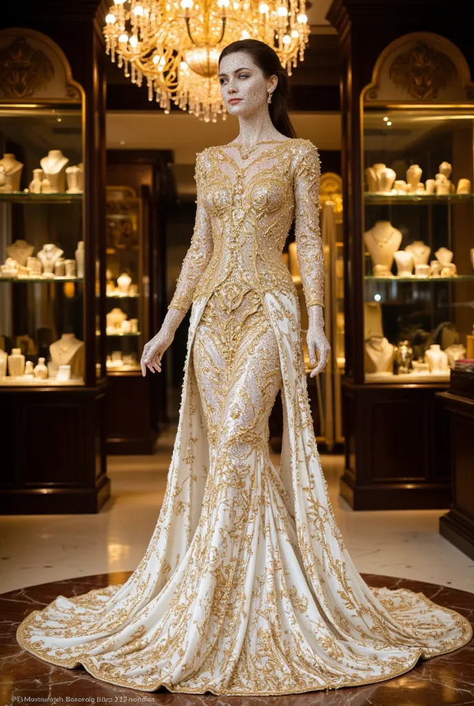 At the center of the opulent jewelry display, bathed in the light of golden candles and the glitter of a majestic chandelier, stands the beautiful Lady of the Diamonds. A stunning sculpture of a young woman dressed in a delicate gown entirely of flawless d...