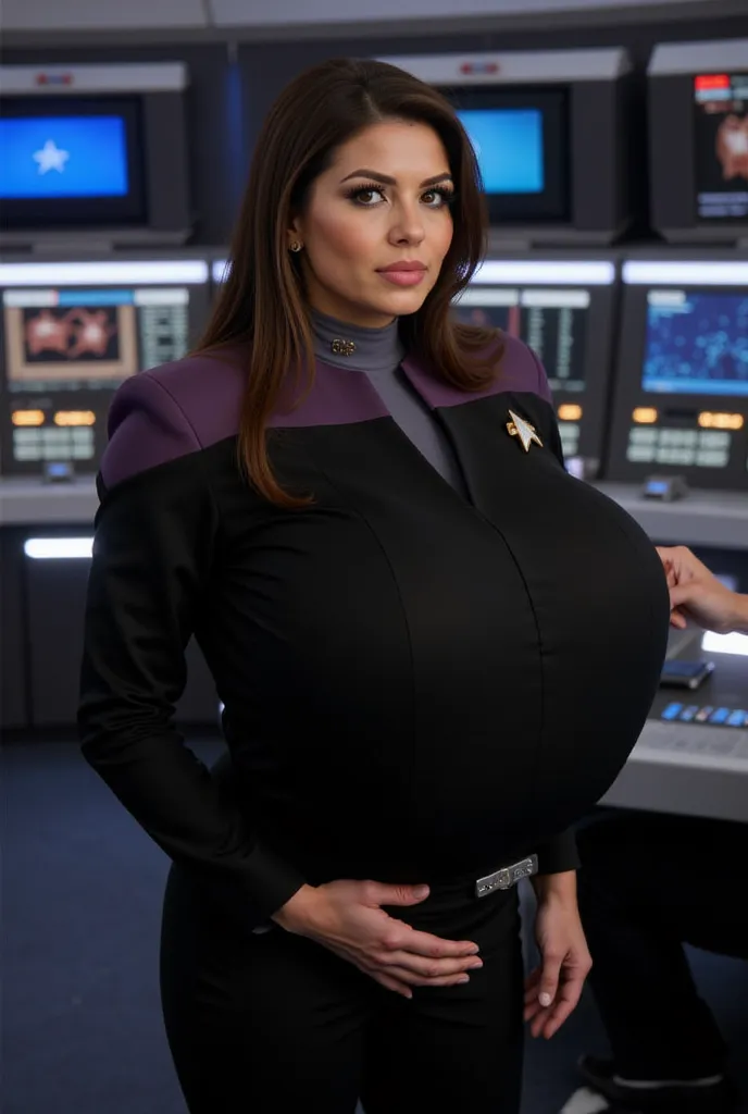 very beautiful and busty startrek officer, very wide hips, medium belly, commanding the bridge of startship Enterprise