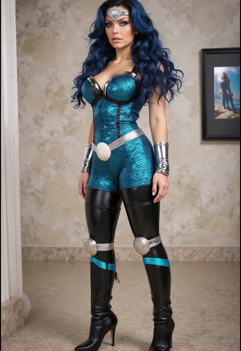  superhero who is a demigoddess , blue green eyes and navy curly hair , () she wears a silver tiara on forehead , She wears a blue and black outfit with a fish scale like texture sleeveless , she has bracelets that are silver, and has black boots with a gl...