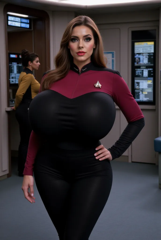 very beautiful and busty startrek officer, very wide hips, slim waist, commanding aggressively the bridge of startship Enterprise