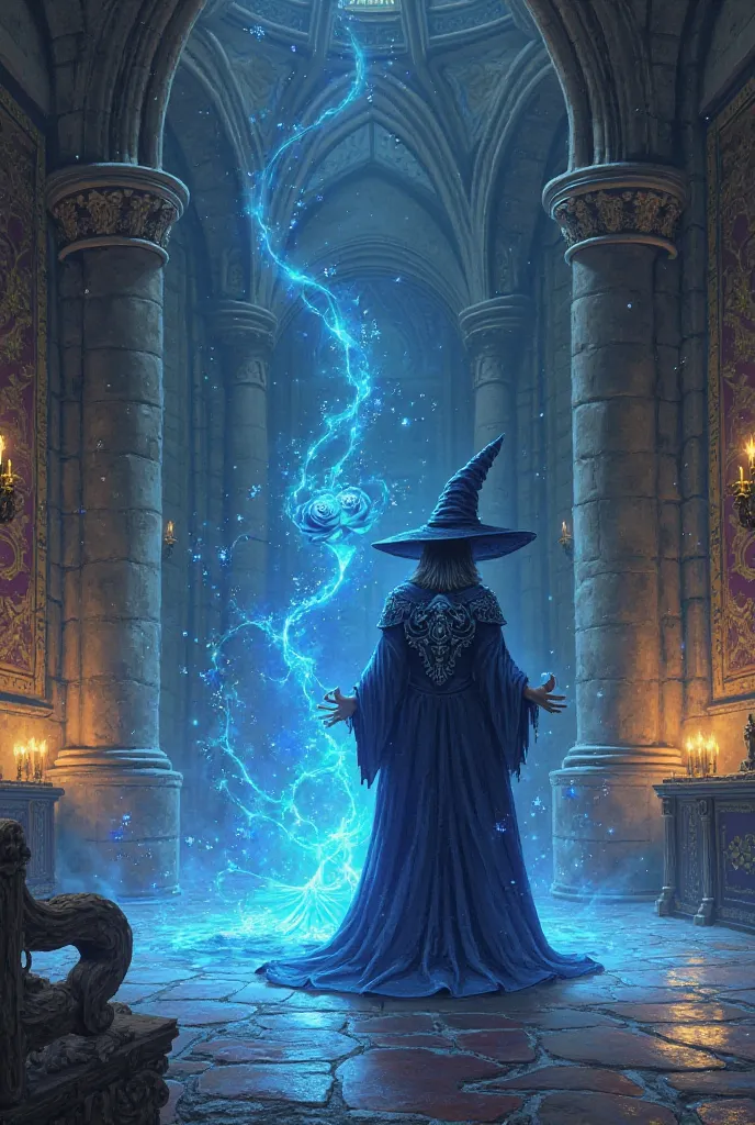 A drawing of a wizard in a castle trying to create a blue rose in drawing 