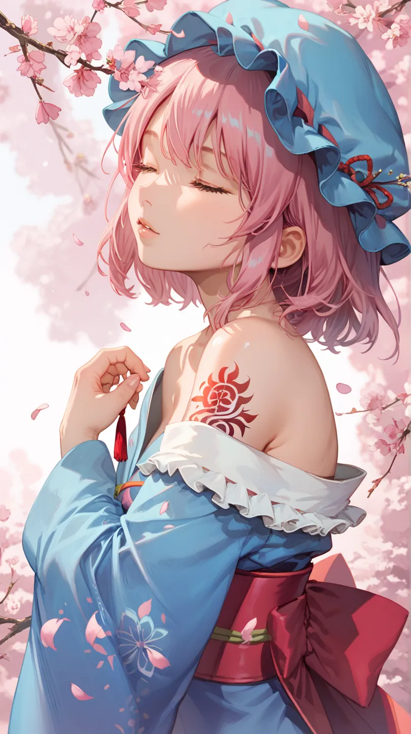 1人の女のchild, PINK HAIR, Saigyouji Yu々child, Alone,  above Decorati has , blue  kimono, blue headdress, [mob cap,  Japanese Clothes,  kimono,  triangle headdress , off shoulder, LONG SLEEVE, bare shoulder, loose sleeve, closed eyes, cherry blossoms, branch, ...