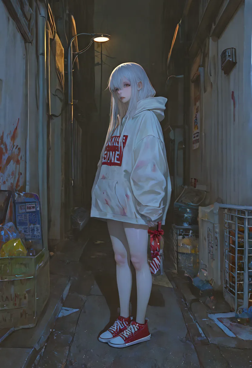 full body、stains、alley、Miscellaneous 、Trash、Food waste、Street lamp、wears a hood、masterpiece, best quality, gift, very aesthetic,  latest,American-style advertising poster start with a scene asking、 1 girl, Alone,   pale skin,   realistic, Soft Light、long h...