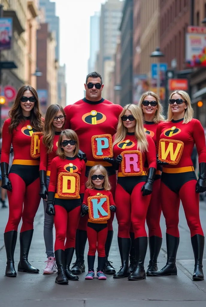 10 ren disguised as the Incredibles and put letters that say Rainbow Saint John Bosco 