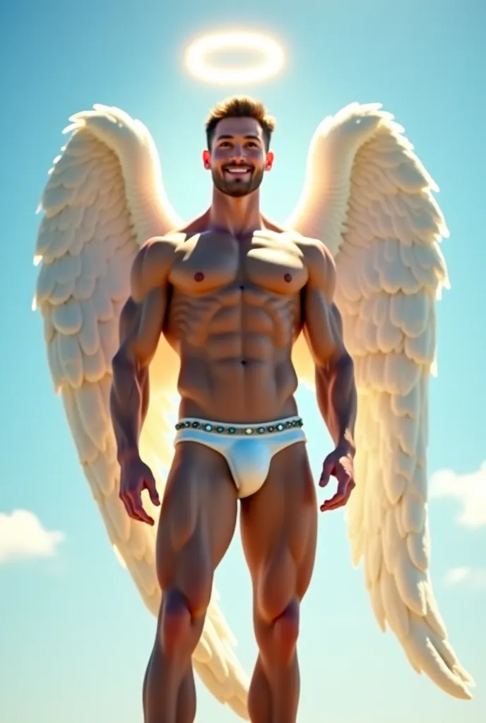 a caucasian muscular bodybuilder angel is standing on a blue sky with sun rays. he is naked and wearing extremely tight and short tiny string thong. his thong bulge is huge and transparent. long sleek back gair, bright angel ring floating on his head, he h...