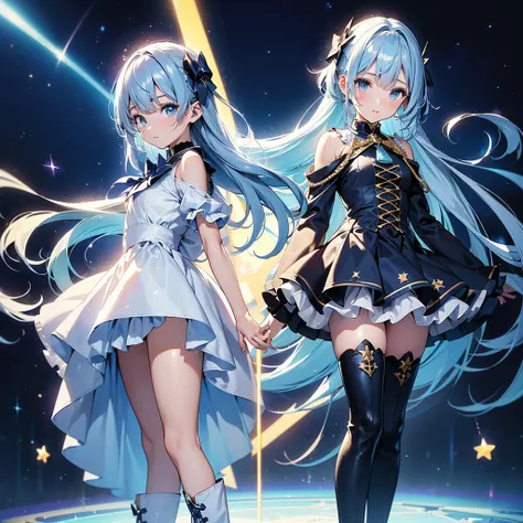 (((1 girl)))、 Star Fairy、vtuber-halfbody、(((top quality、masterpiece、 Best Combinations 、 golden ratio、Official Art、very detailed、very detailedな目)))、Super Detail,  from the front ,  headshot 、 Blue and white hair color、 short bangs above eyebrows  、short ha...