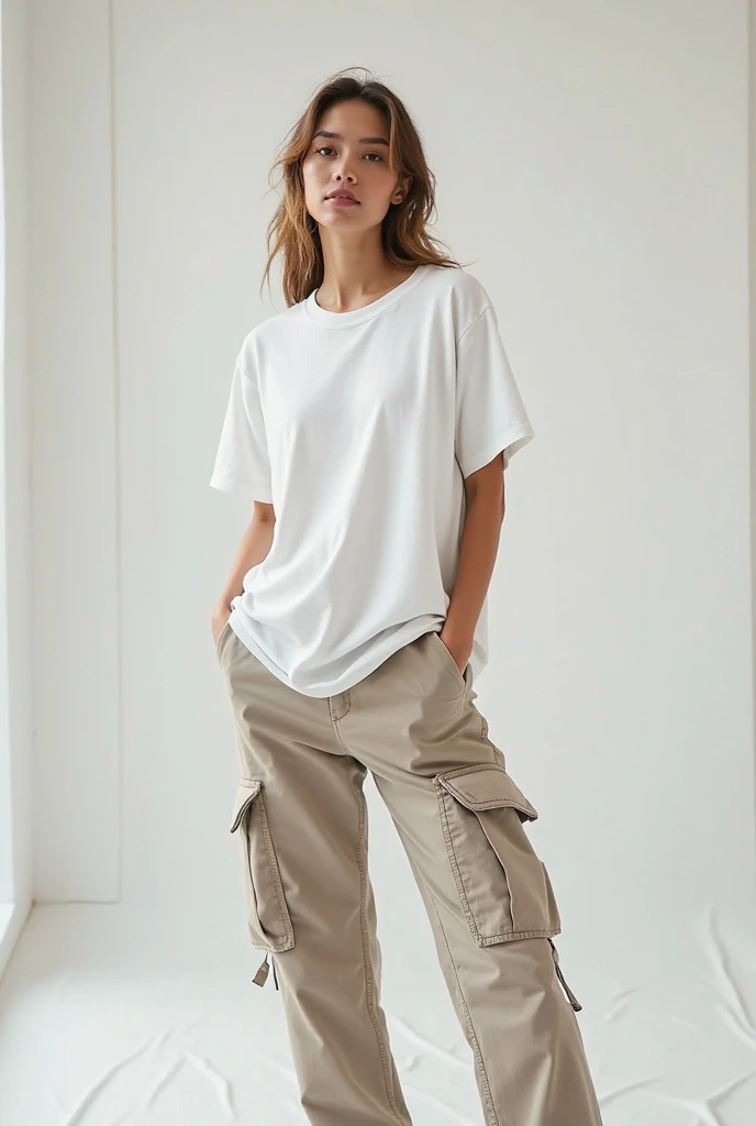 best outfits for white oversized t shirt and baggy cargos women the photo is taken in a photo shoot