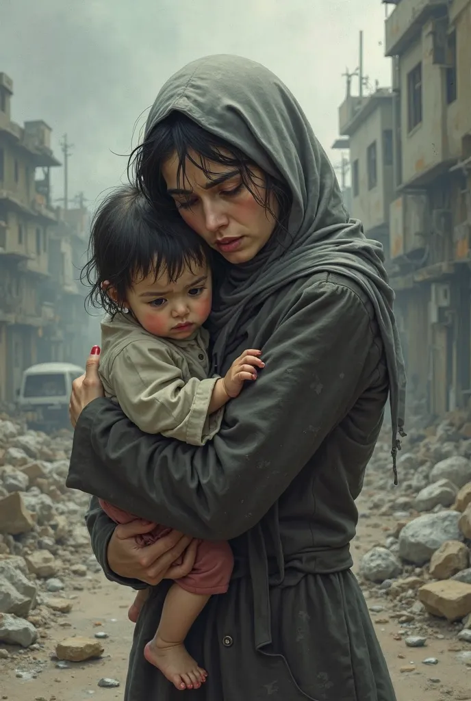 A picture of the Halabja chemical bombing and ren in their mothers' arms. The picture is artistic and not realistic