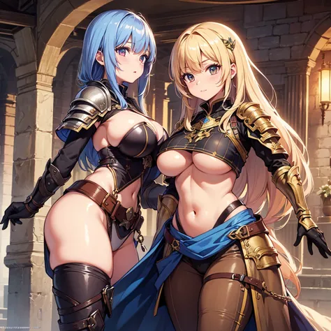 sideboob, underboob, High quality, super detailed, best quality, highly detailed, beautiful, masterpiece, vibrant colors, shiny skin, perfect anatomy, female group, harem, knights, armor, medieval, fantasy, pouches, big boobs, 