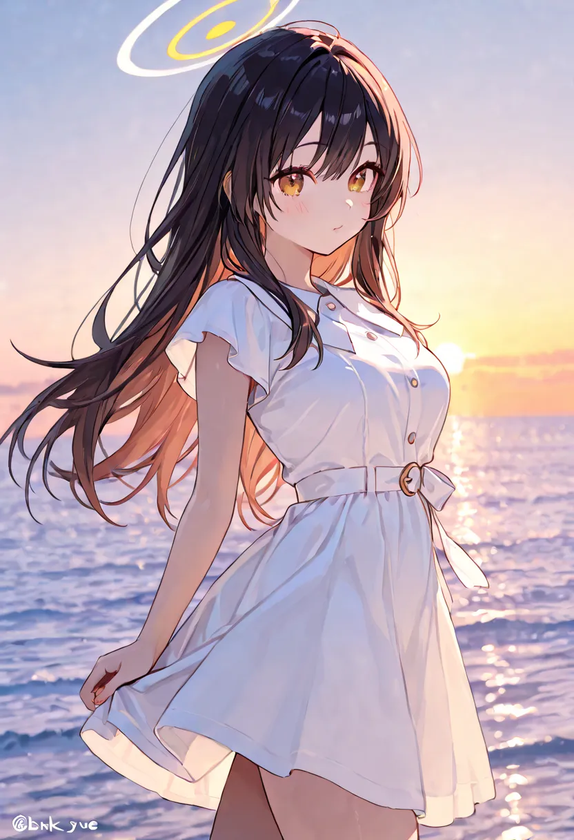 best quality, masterpiece, 8k.white dress、Popular skirts、 The background is the ocean、sunset、 Panchira