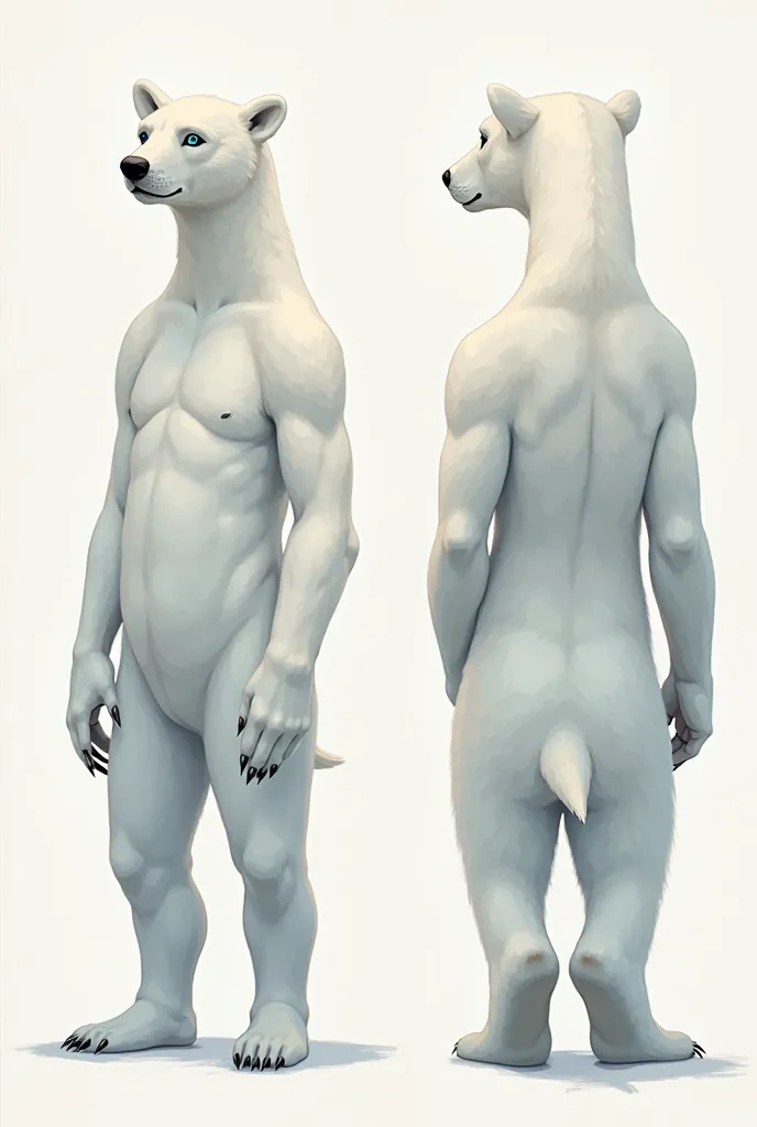 Reference sheet of a slender male polar bear furry,blue eyes,with a version of the front and the other of the back