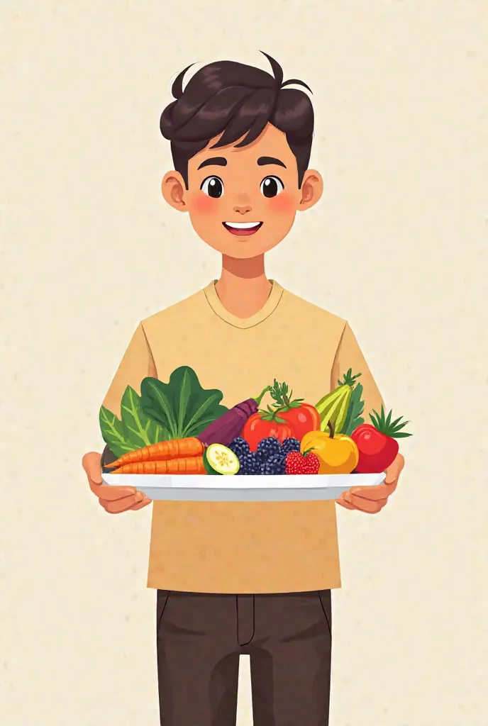 make a Sketch or drawing that holding a plate with healthy foods