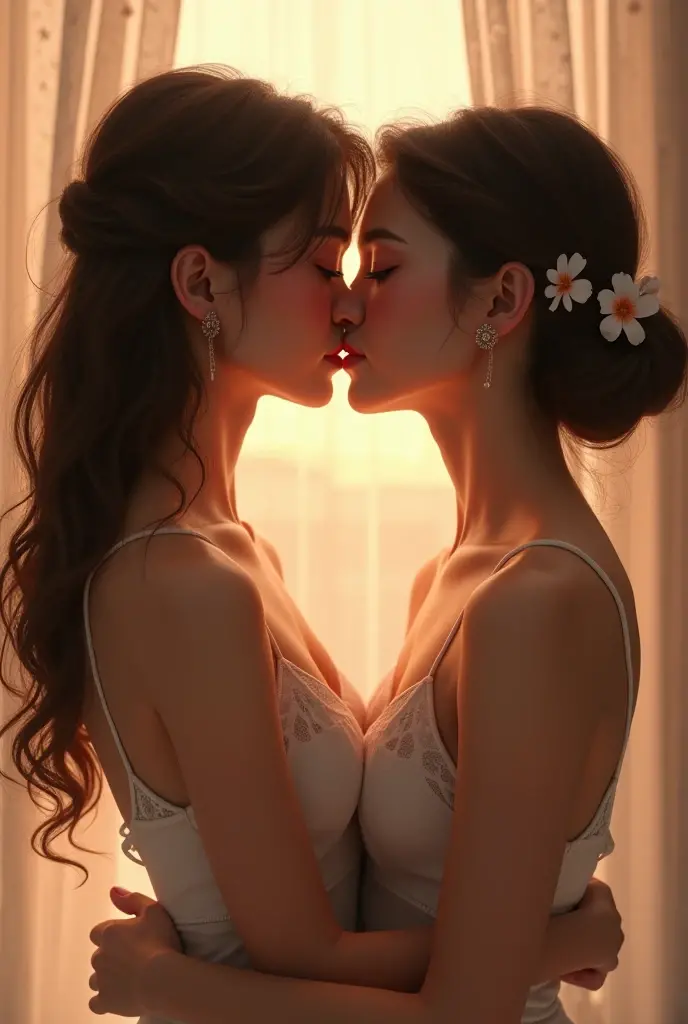 Two girls hugging, belly button, kissing