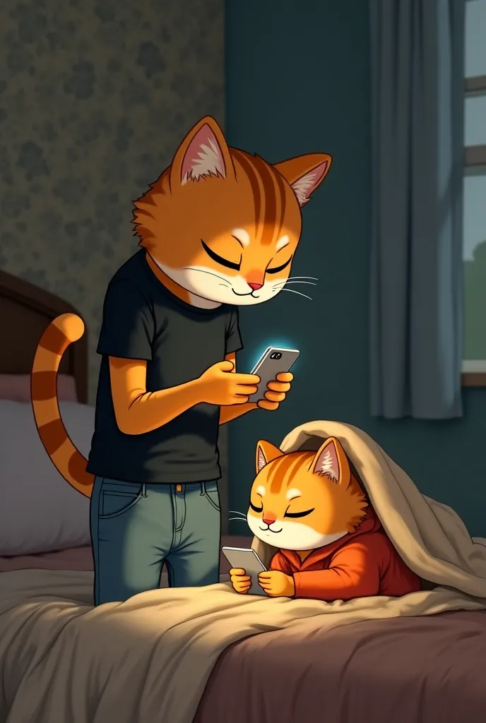 The mother cat is there, wearing jeans and a black shirt, the little son cat is in orange. He is looking at his mobile phone under the bedsheet. The mother cat is standing there looking at it angrily.