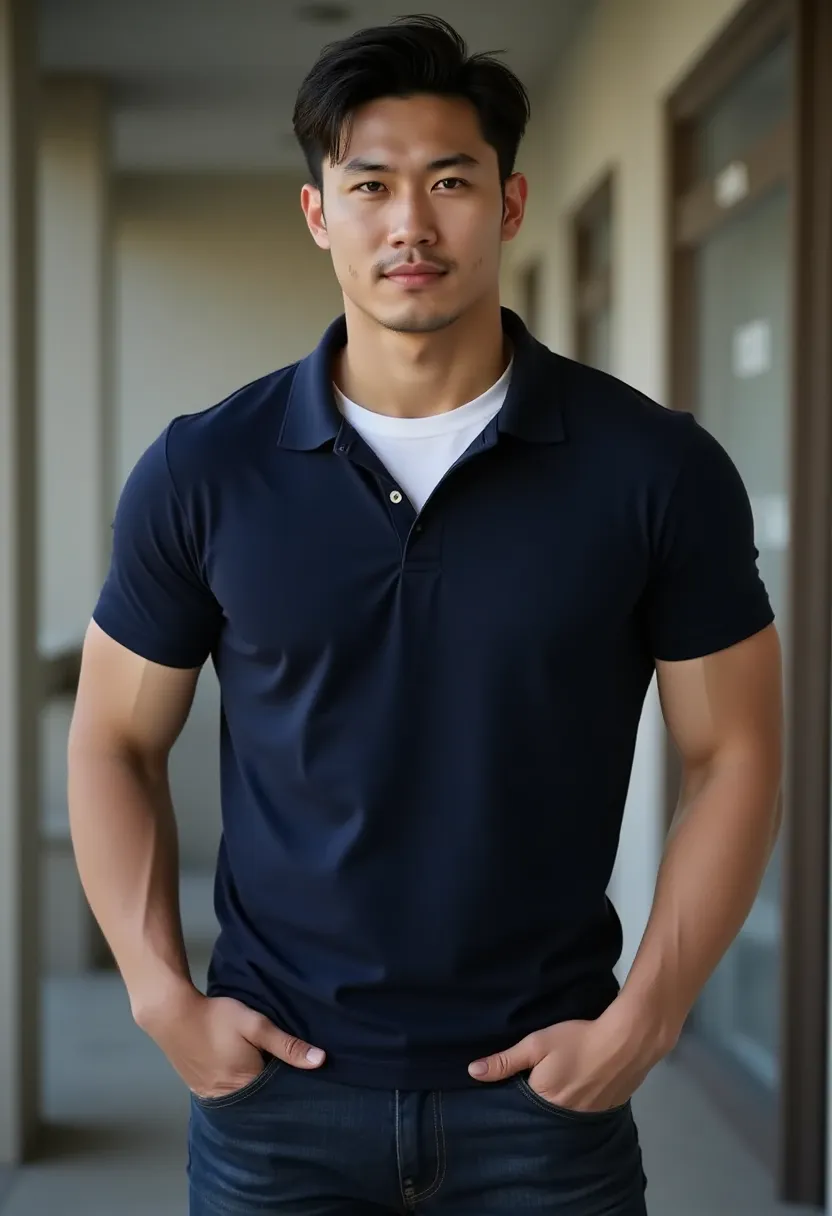 handsome male bodybuilding, wear Navy Polo Shirt There is a white round neck t-shirt inside, in market , celling phone 