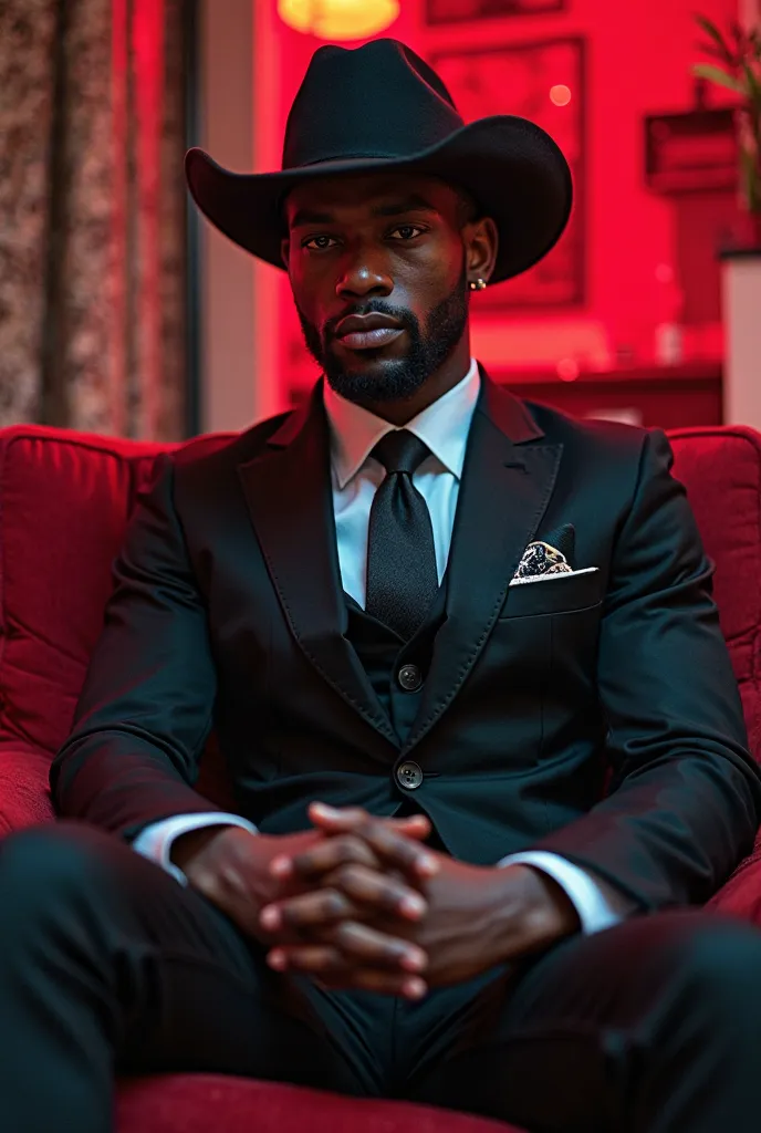 28-year-old boy, Brownish Skin, sitting on the red sofa, wearing black suits with white shirt and black tie,
Write TOP Griffin on your building also in the pocket of your cowboy suit and hat, surrounded by all weapons with 2 white k9 dogs, red and black Ma...