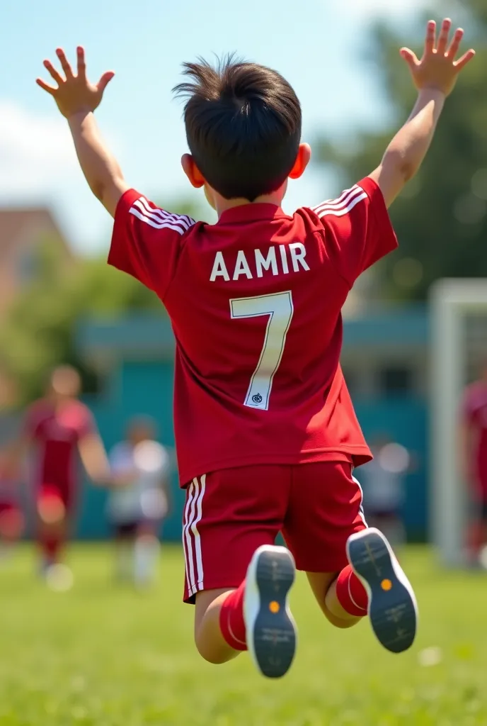 A BOY WEARING A real madrid JERSEY WITH NAME Aamir  AND NUMBER 7 AND  celebrate like ronaldo

