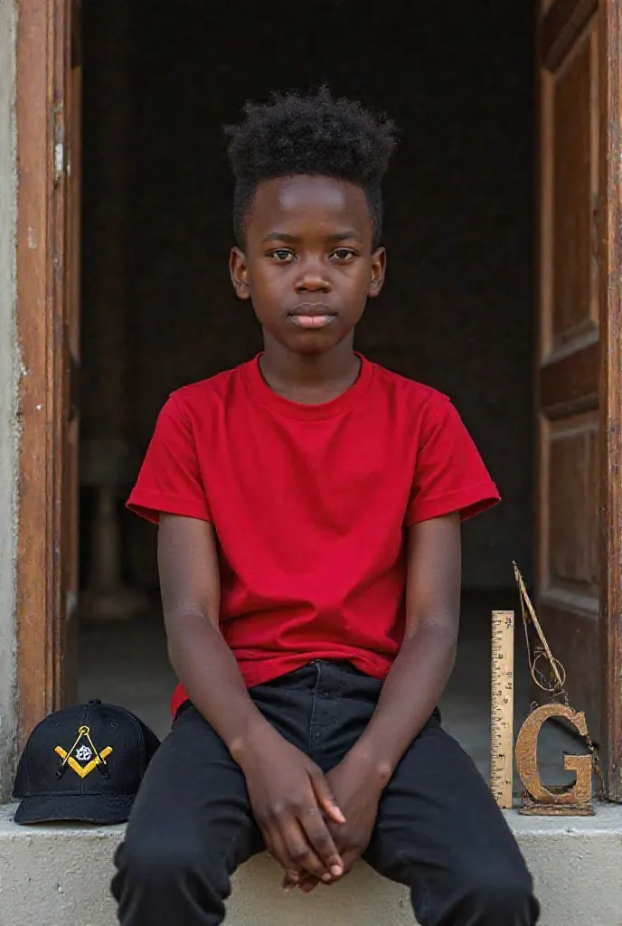 I need hd photo of black handsome boy age of 10 wearing black pens with red t-shirt also wearing black cap with masonic logo compass Ruler and letter G seating out the the door 