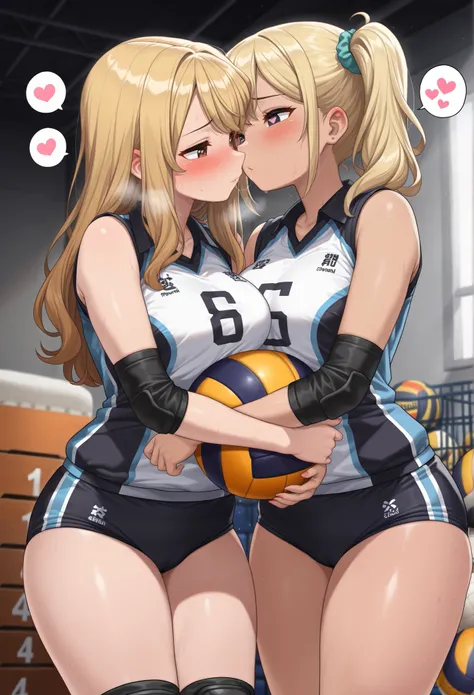 masterpiece, best quality, amazing quality, 2 girl, (gyaru:1.2), volleyball uniform, buruma, holding ball, (yuri:1.2), hugging each other, kiss, holding ball, (young women:1.2), thick thighs, Collared volleyball uniforms, sleeveless, (buruma:1.2), volleyba...