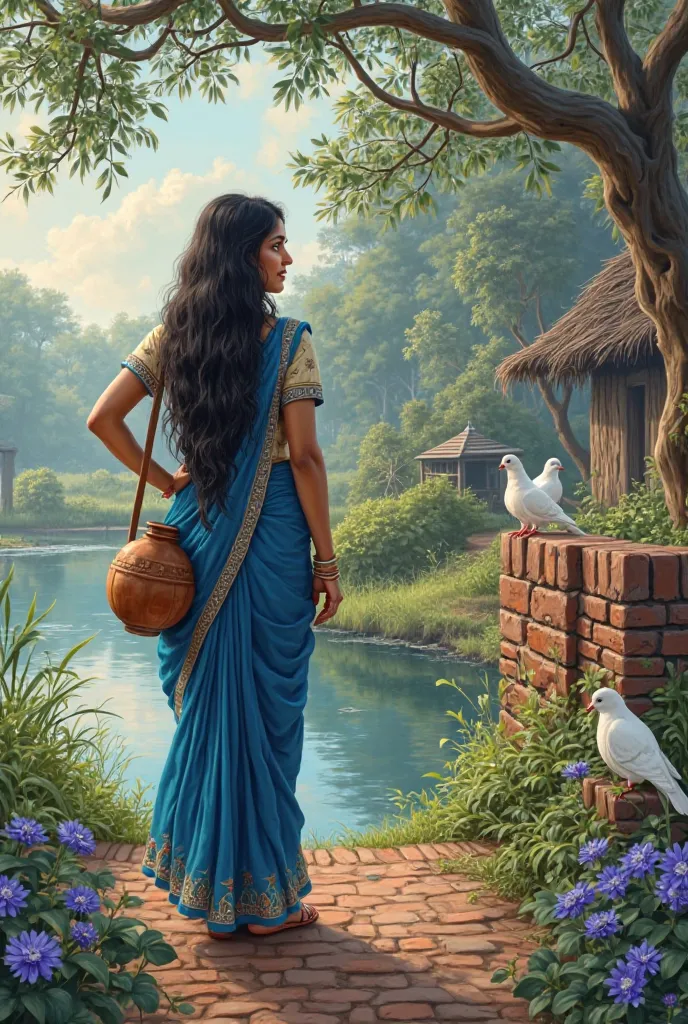 
"A beautiful village woman with long dark hair, wearing a traditional blue sari with a white blouse, carrying a clay water pot on her hip. She stands gracefully on a narrow brick path near a pond, surrounded by lush greenery and blooming purple flowers. T...