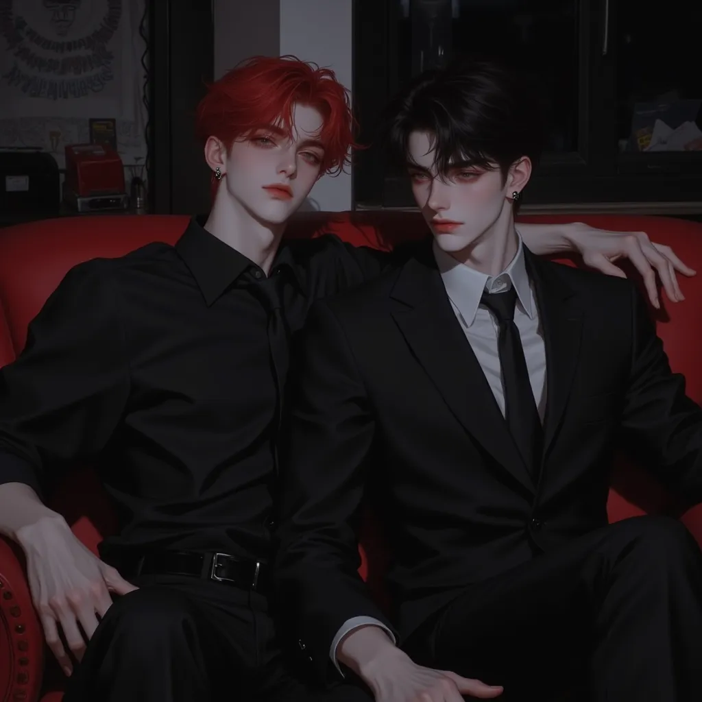 Two men are friends, adulthood, Korean people, , first person, Dark red hair,  Red-eye,  wearing a black shirt, sitting on sofa, color set, color set, Two people,  black hair, bright  Red-eye, wearing a suit on the couch, faces that don't express feelings,...