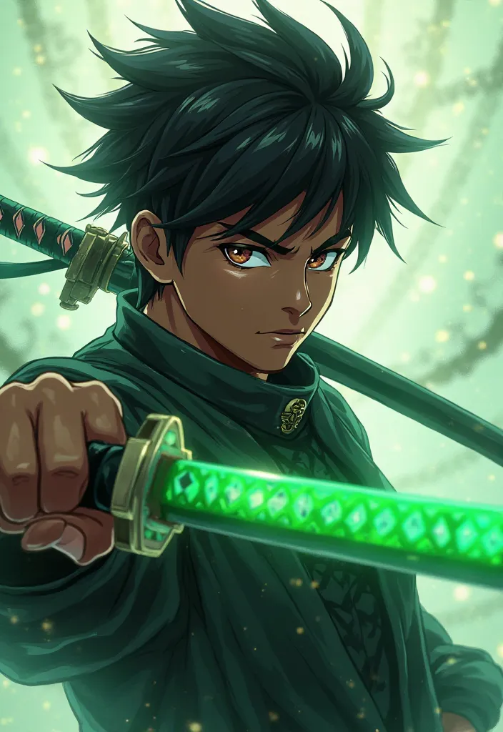 Anime handsome black boy, handsome,With a green katana 💚