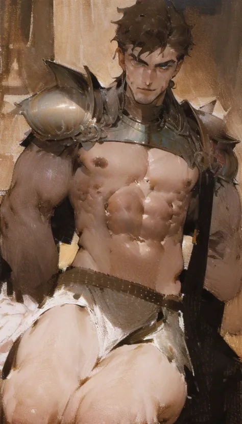 Hot tall man with beautiful physique with ((a knights armor)) He is sweaty flexing his muscles like a Greek God. ((He has a small waist)). hard lighting. Arms resting (( abs)) Ultra detailed, highres, absurdres, HDR, master piece, expressive eyes, sexy man...