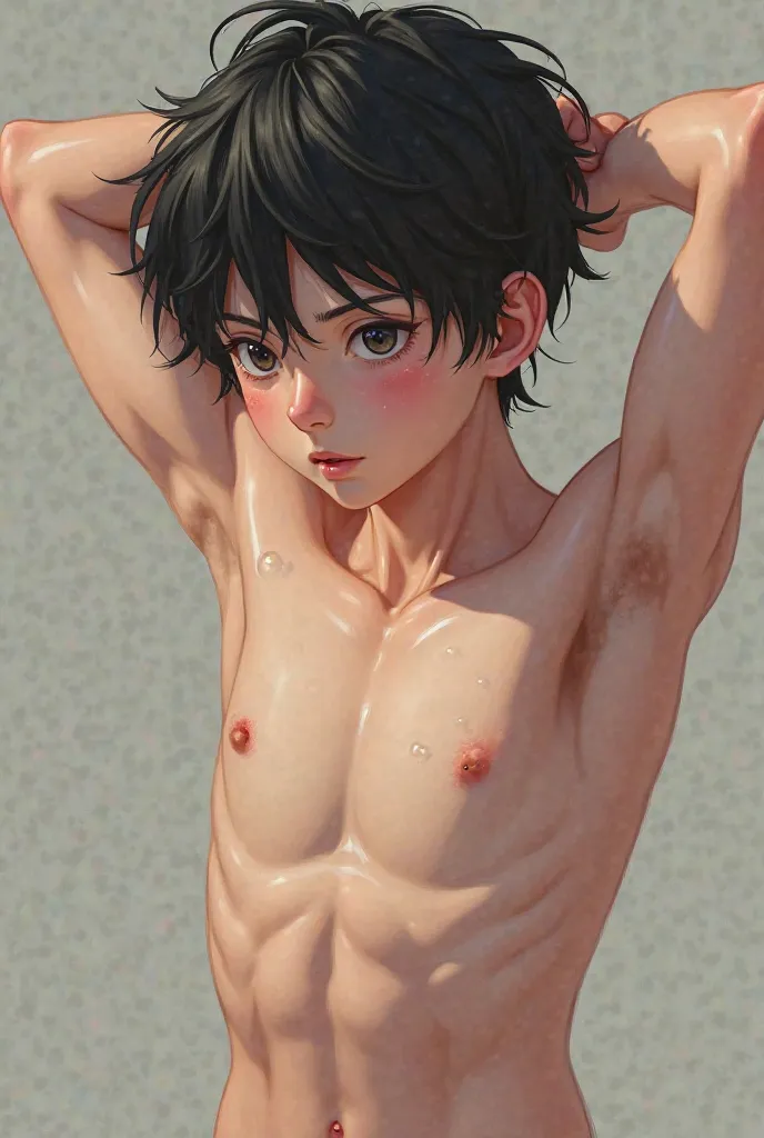 Anime boy, young boy, black hair, showing armpits, shirtless, smooth white skin, sweaty in gym