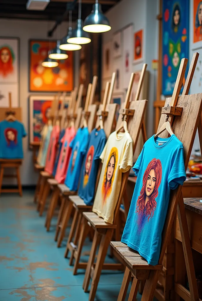 Create a space, a painting studio, Where are there several t-shirts with portraits and paintings where with unfinished drawings and the t-shirts must be on the easel and in rows
. These easels and t-shirts must be well arranged , Are you ready for a painti...