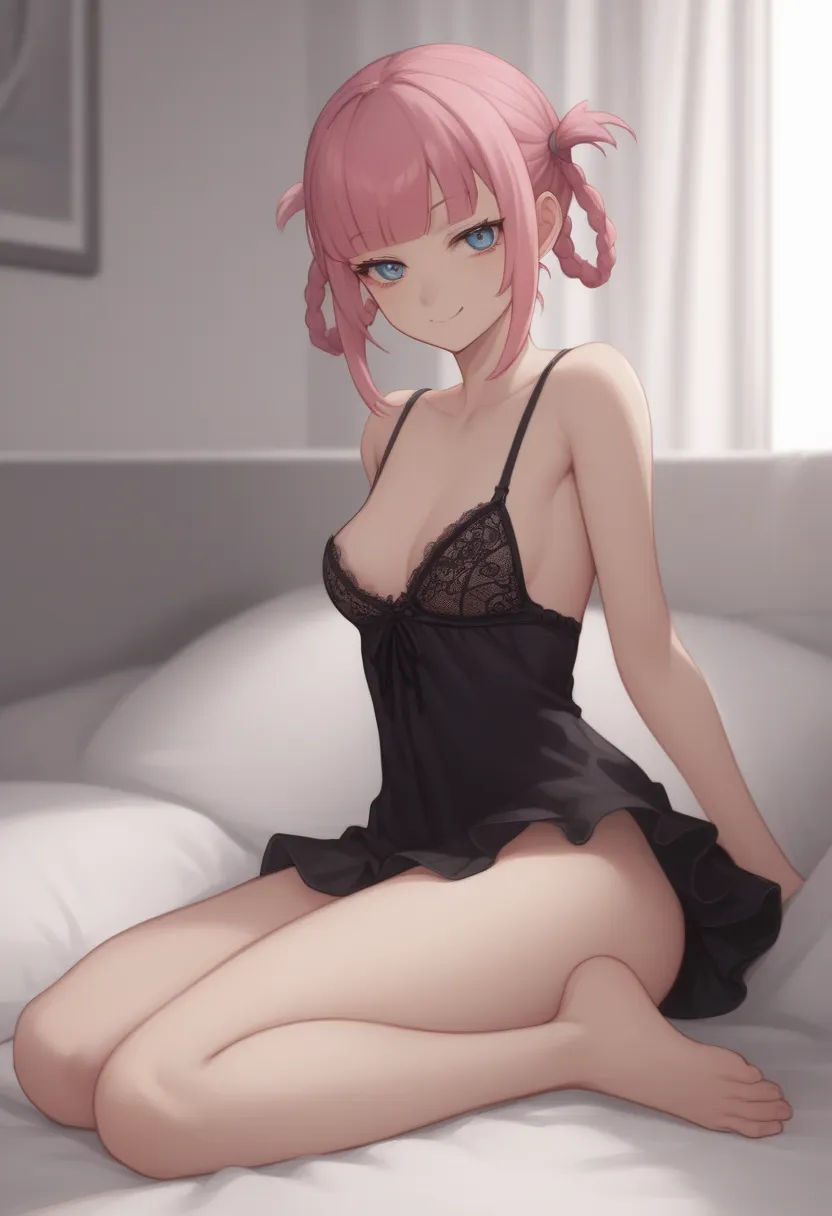 nazuna nanakusa, short hair, bangs, blue eyes, pink hair, braid, blunt bangs, hair rings, ringed eyes,simple background,bedroom,building,lingerie,cleavage,bare shoulders,black dress,tiny breasts,skinny,smug,solo,barefoot,toes,5fingers,