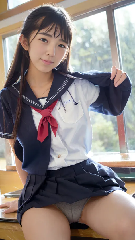 (Japanese cute Girls:1.5)(very young:1.5)(junior high school girls:1.5) 1girl,,school uniform,skirt,panties,skirt lift,up skirt