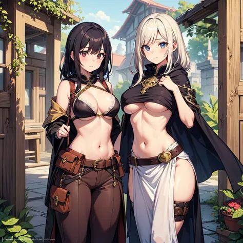 side boob, under boob, High quality, super detailed, best quality, highly detailed, beautiful, masterpiece, group of girls, ((adult)), harem, adventurer, fantasy, perfect anatomy, detailed outfit, detailed decoration, pouch, cloak, belt, big boobs