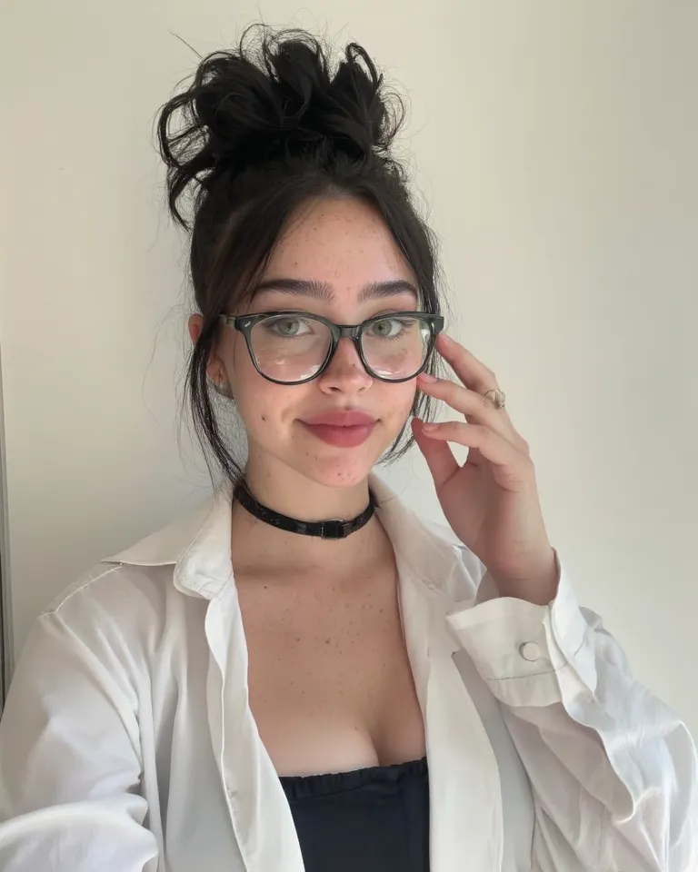 S3lfi3 1girl, solo, black ombre hair in a chic bun, dressed in a stylish white shirt and a black corset, selfie photo in a room beside a clean wall, small lips smile, clarity photo, hd, curly hair in a stylish bun, curly hair in a chic bun, cute smile, sun...