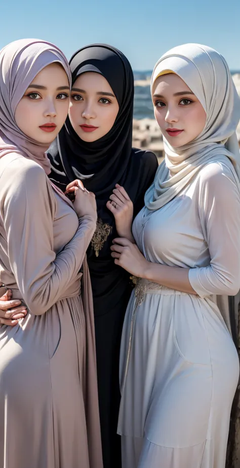 masutepiece, Best Quality, Illustration, Ultra-detailed, finely detail, hight resolution, 8K Wallpaper, Perfect dynamic composition, Multiple people, (3 girls taking photos), Beautiful detailed eyes,  Natural Lip, Wear hijab moslem, fancy jubba thobbe, pho...