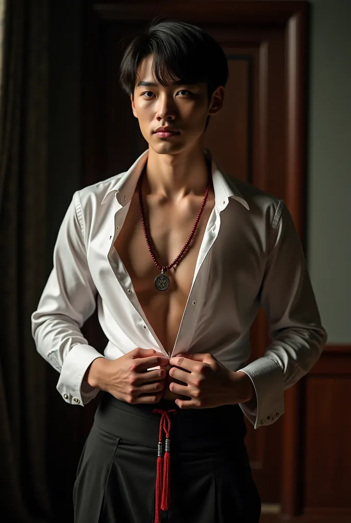 Handsome young Chinese priest takes off his shirt with beaded necktie