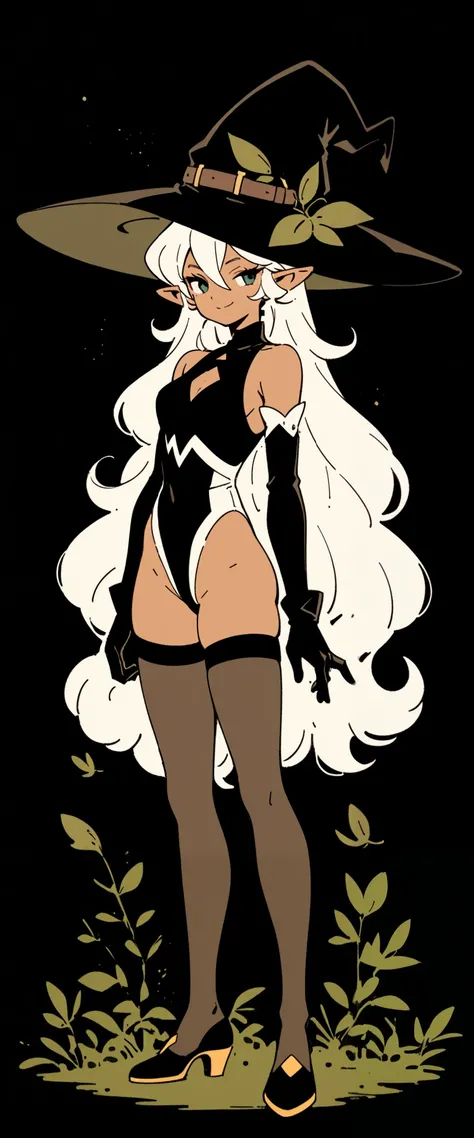 Vintage_v1, 1girl, hat, solo, long hair, witch hat, gloves, detached sleeves, breasts, full body, pointy ears, very long hair, dark skin, looking at viewer, black background, leotard, black gloves, white hair, leaf, black headwear, standing, thighhighs, da...