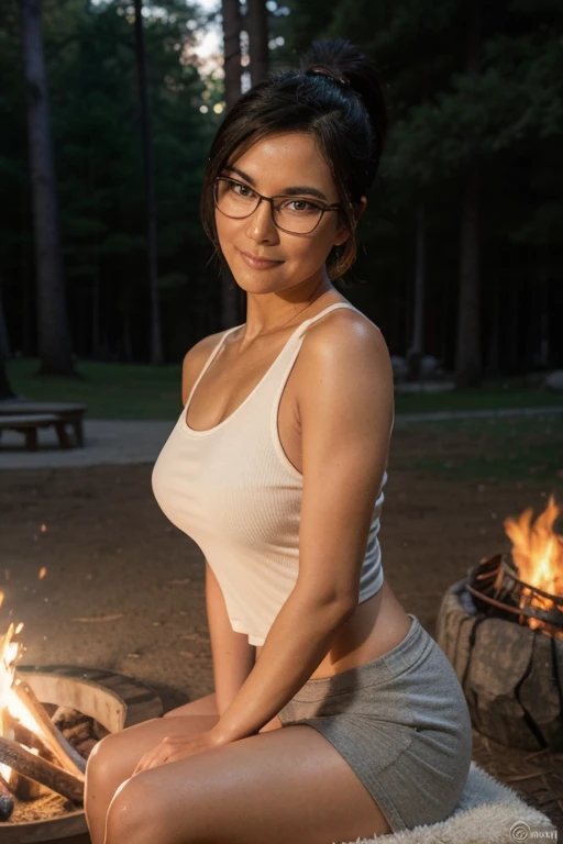 "A beautiful mature asian woman with ponytail black  hair and soft brown eyes, wearing a glasses , wearing a tight white tank top and snug hiking shorts. She has a warm and caring expression, slightly blushing, with a subtle motherly charm. Her toned yet c...