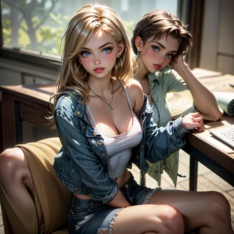 Beautiful young girl, full lips, glossy lips, Babyface,daisy dukes, jean jacket, very stylish, tight shiny spaghetti strap top, plunging neckline, small breasts, light makeup,blonde, perfect hair, big blue eyes, sitting at desk, in school, hoop earings