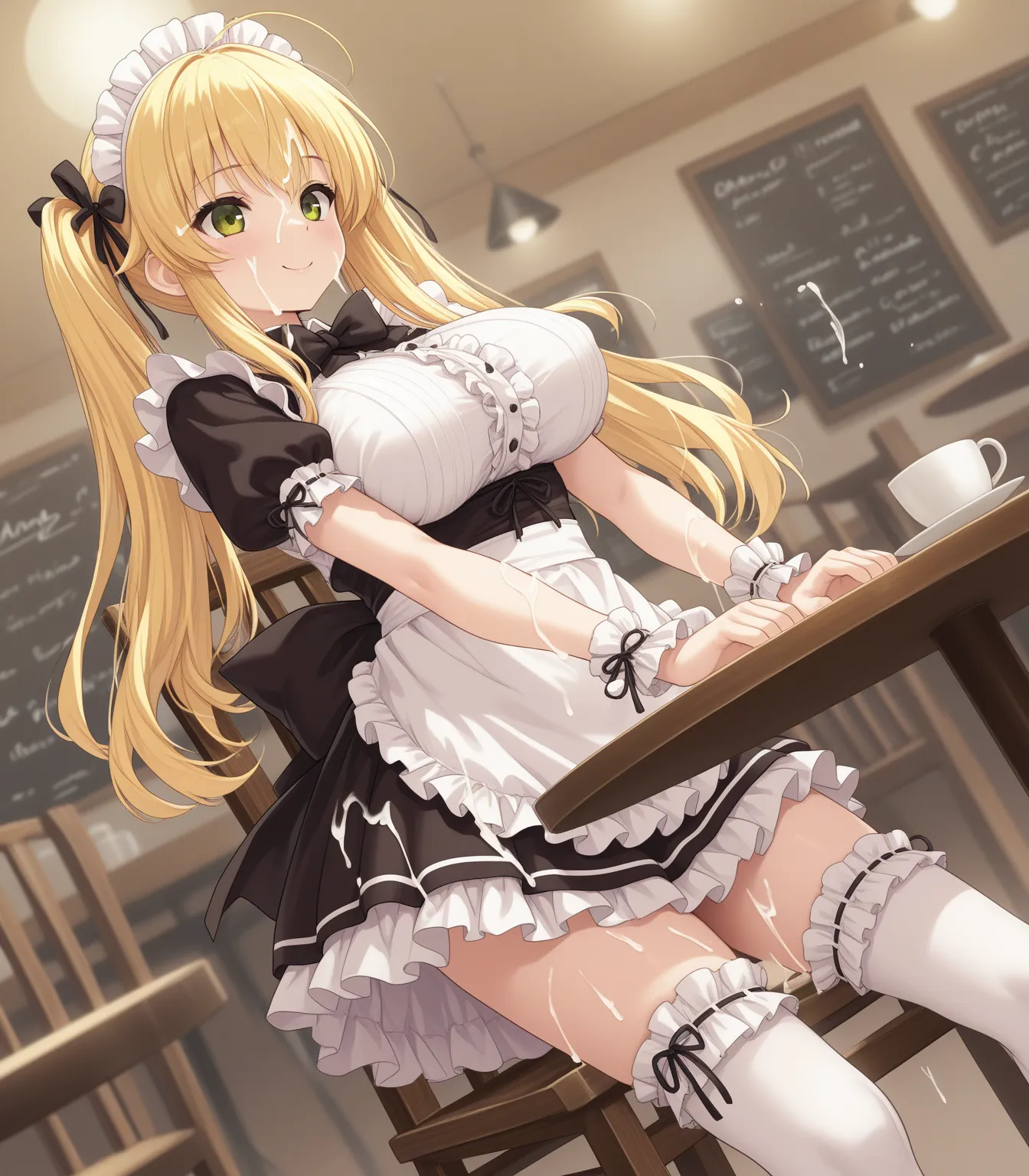 ejection、massive bukkake with a sword:3.0、Facial:10.0、1 girl, Alone, 臼崎Hinano, blond hair, long hair, twin tails, side lock, black ribbon, green eyes, smile, bigger breasts in bikinis, Hinano_Maid, Maid, Maid headdress,  black bow, Short sleeve, puff sleev...