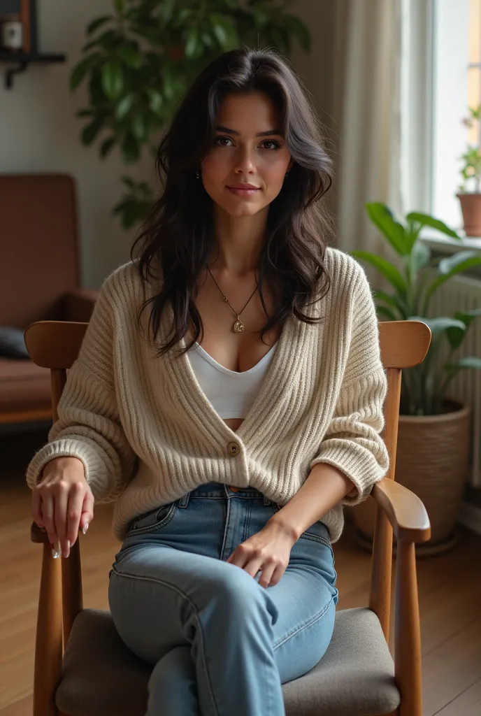 Realistic image of 25-year-old spanish woman with her face not visible, wearing casual attire, sitting in a chair in a room 