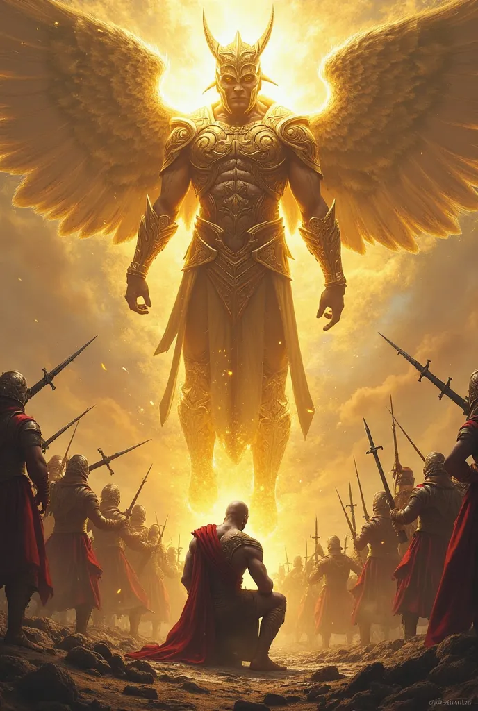 Kratos a genoux devant un jeune dieu dans un armure en or qui apparait dans le ciel alors qu'il ne possède pas d'ailes sur son dos, In a war setting surrounded by armed warriors ready to attack Kratos 