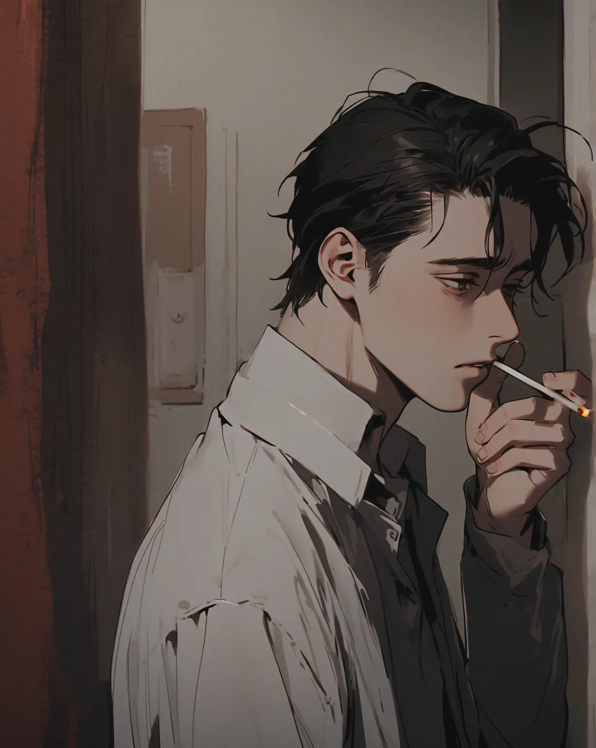  1 man, Handsome, eyes with dark circles, sad, is smoking a cigarette