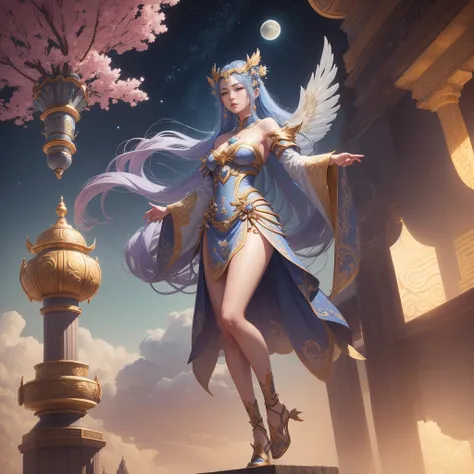 there is a woman that is standing on a pedestal in the sky, lunar themed attire, full body xianxia, inspired by Pu Hua, ne zha from smite, inspired by Lan Ying, queen of the sea mu yanling, gilded lotus princess, inspired by Ju Lian, mystical atlantean val...