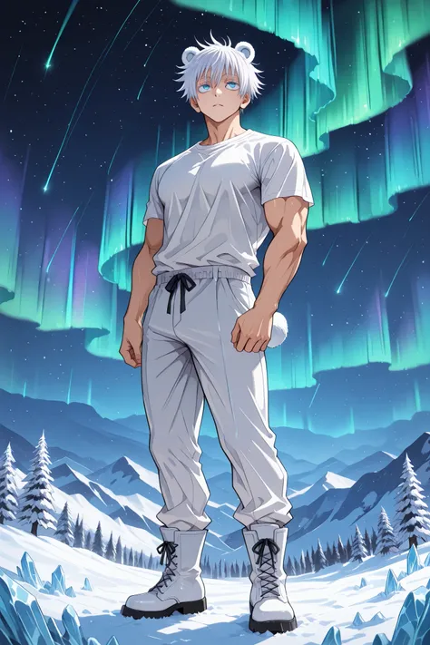 (masterpiece), (highest quality), (very detailed), solo, 1man , gojo satoru, jujutsu kaisen, white hair, blue eyes, white pants, white boots, white shirt, lean, muscular, handsome, sexy man, ice bear man, ice bear ears, ice bear tail, standing, north pole,...