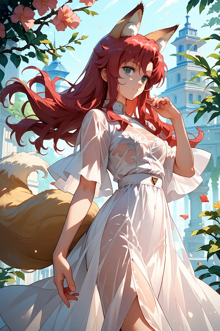 Long red hair, white dress, anime style girl , Gundam SEED's Lux Style Girl,  fox ears, Fox Tail,  beautiful fox lady , High Quality Anime Art Style,anime Moe art style,See-through clothes
